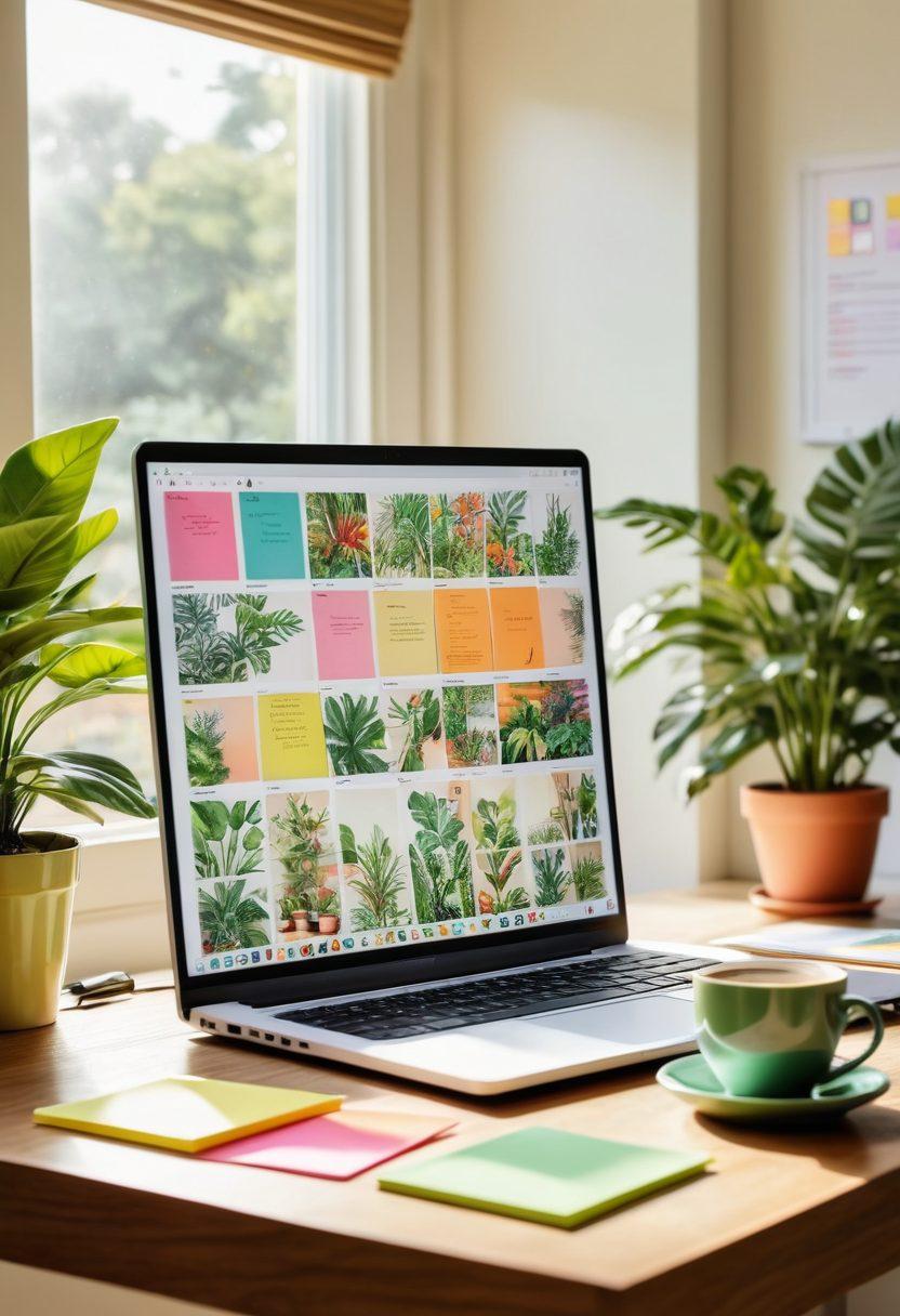 A vibrant workspace showcasing a sleek laptop, colorful post-it notes, and digital collaboration tools like video call screens filled with diverse team members. In the background, a cozy home office with plants, a cup of coffee, and books on productivity. Bright sunlight filtering through a window, creating a warm and inviting atmosphere. super-realistic. vibrant colors. white background.