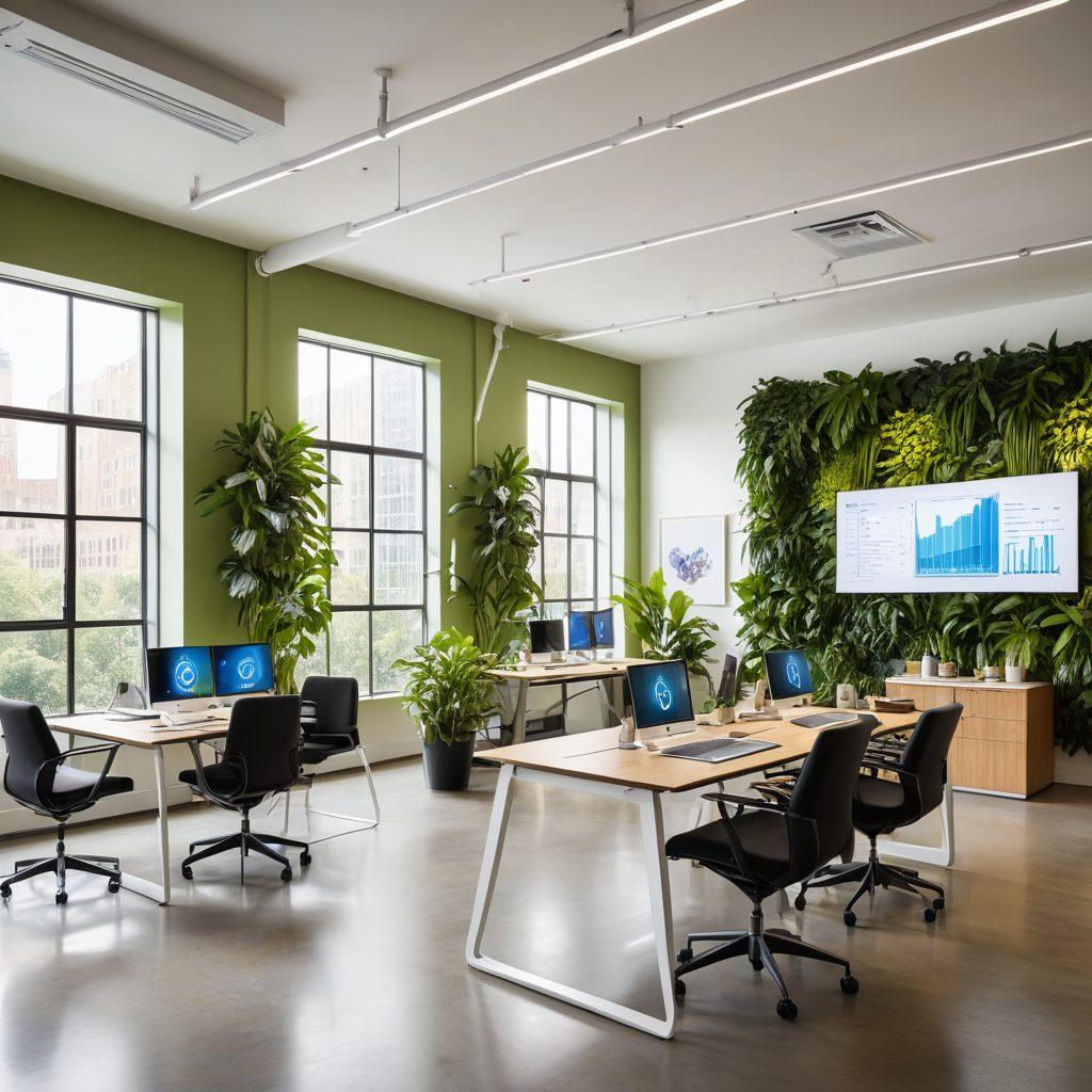 A sleek, modern office space filled with innovative gadgets and tools promoting efficiency. Showcase a diverse group of professionals collaborating around a futuristic table with digital screens displaying graphs and ideas. Include plants for a refreshing touch, bright natural light streaming through large windows. The atmosphere is dynamic and inspiring, capturing the essence of a productive workspace. super-realistic. vibrant colors. minimalistic style.